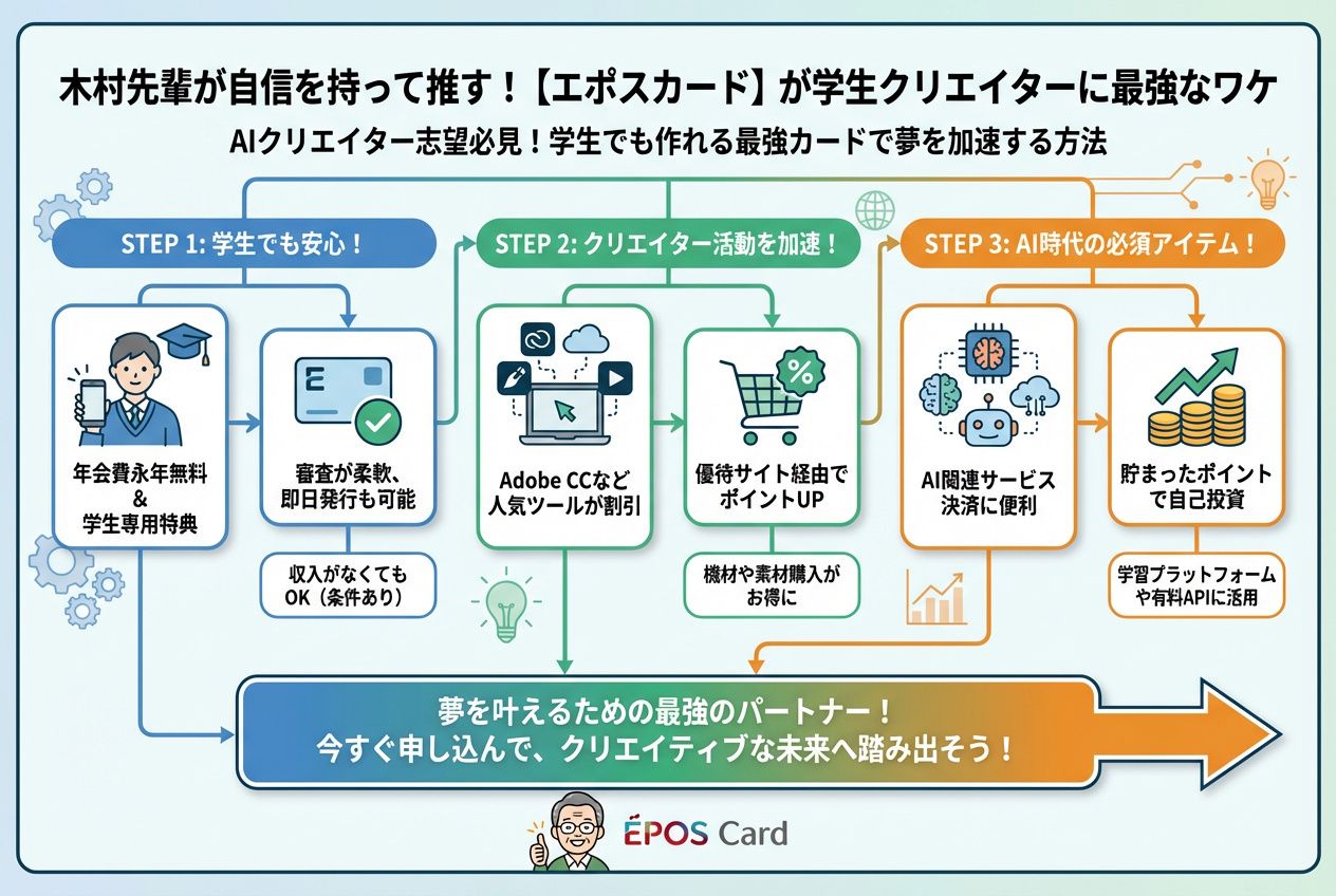 AI画像生成 木村先輩が自信を持って推す！【エポスカード】が学生クリエイターに最強なワケ