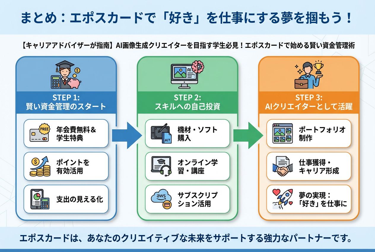 AI画像生成 まとめ:エポスカードで「好き」を仕事にする夢を掴もう!