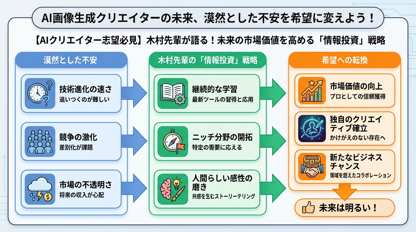 AI画像生成 AI画像生成クリエイターの未来、漠然とした不安を希望に変えよう!