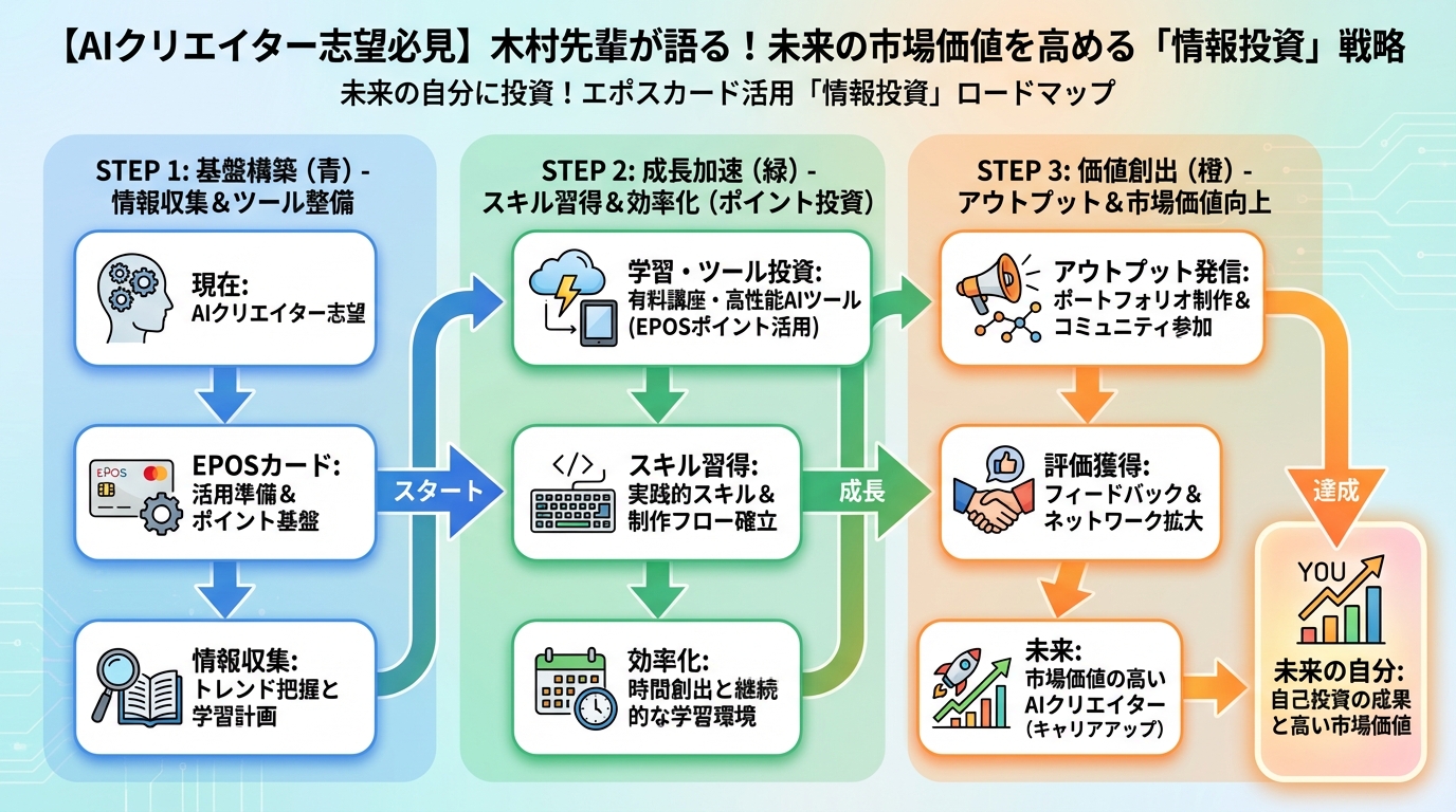 AI画像生成 未来の自分に投資!エポスカード活用「情報投資」ロードマップ