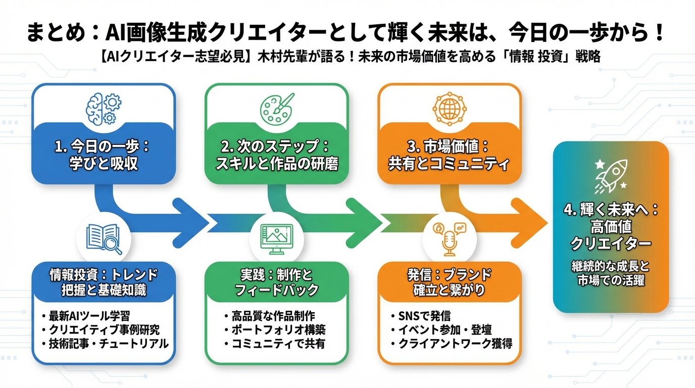AI画像生成 まとめ:AI画像生成クリエイターとして輝く未来は、今日の一歩から!