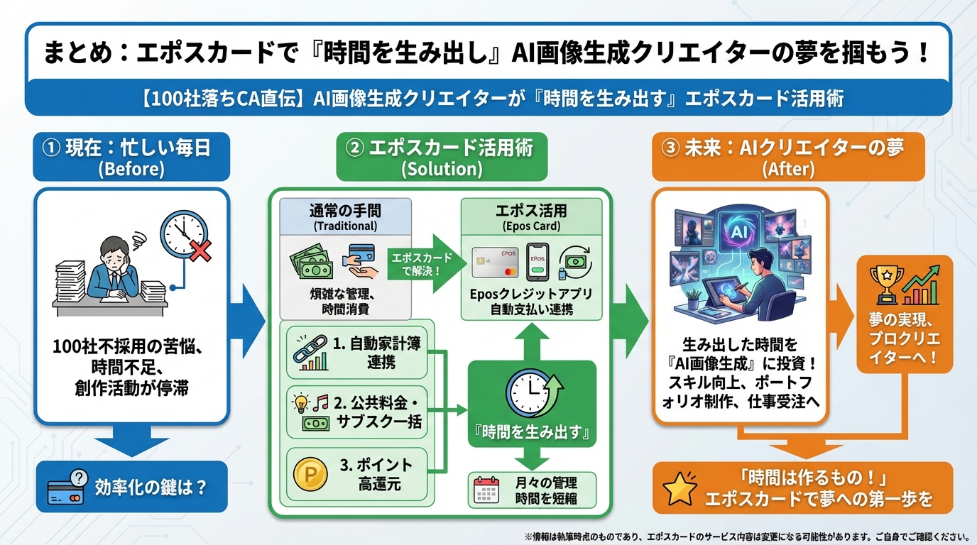 AI画像生成 まとめ:エポスカードで『時間を生み出し』AI画像生成クリエイターの夢を掴もう!