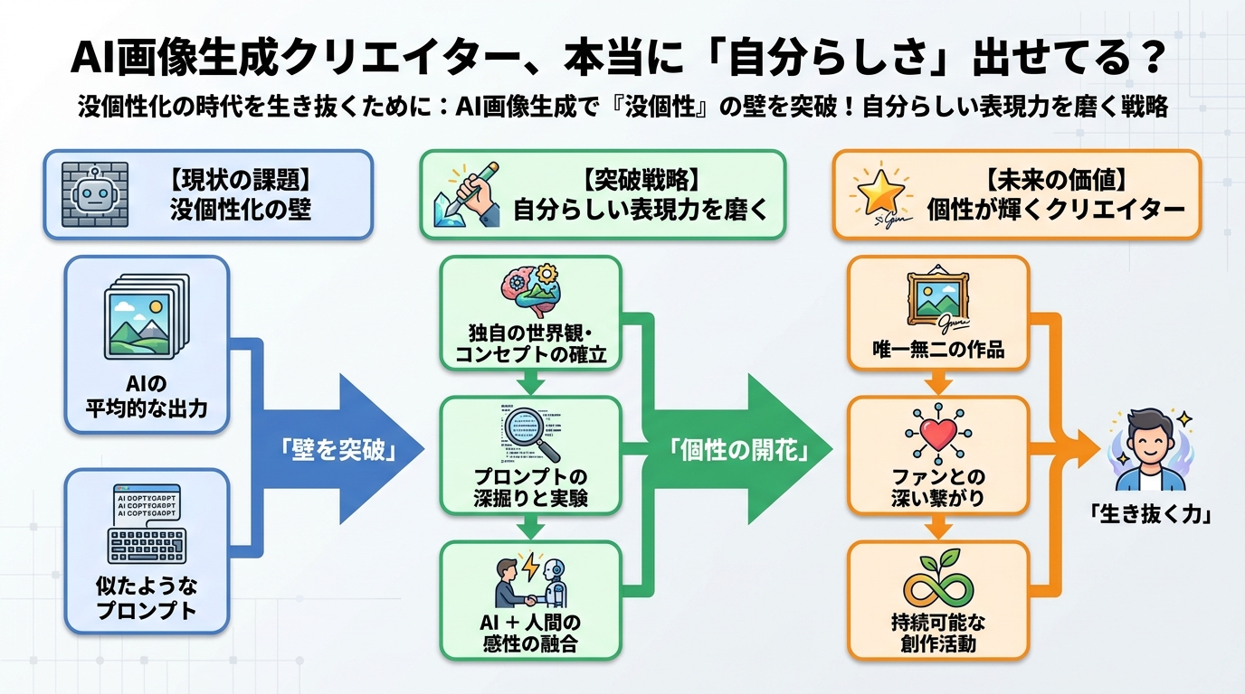 AI画像生成 AI画像生成クリエイター、本当に「自分らしさ」出せてる?没個性化の時代を生き抜くために