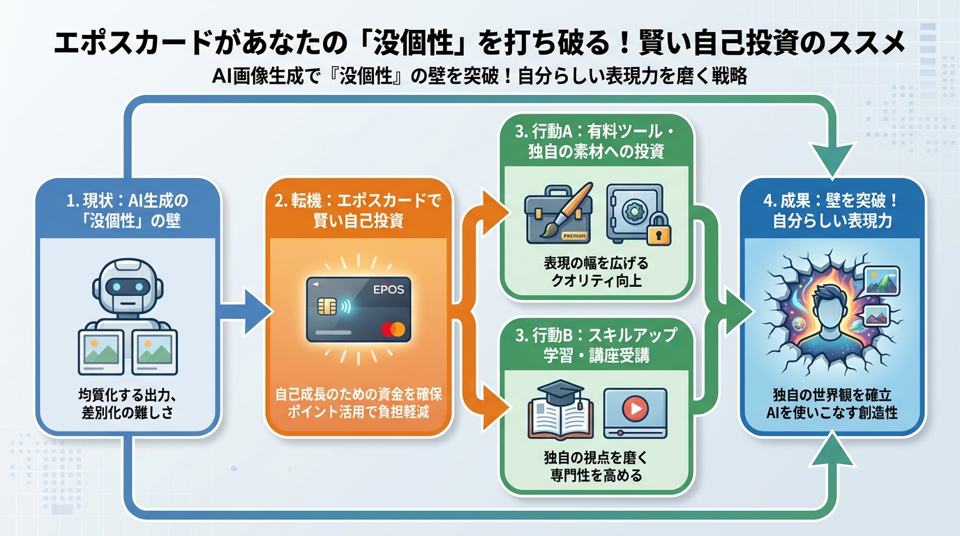 AI画像生成 エポスカードがあなたの「没個性」を打ち破る!賢い自己投資のススメ