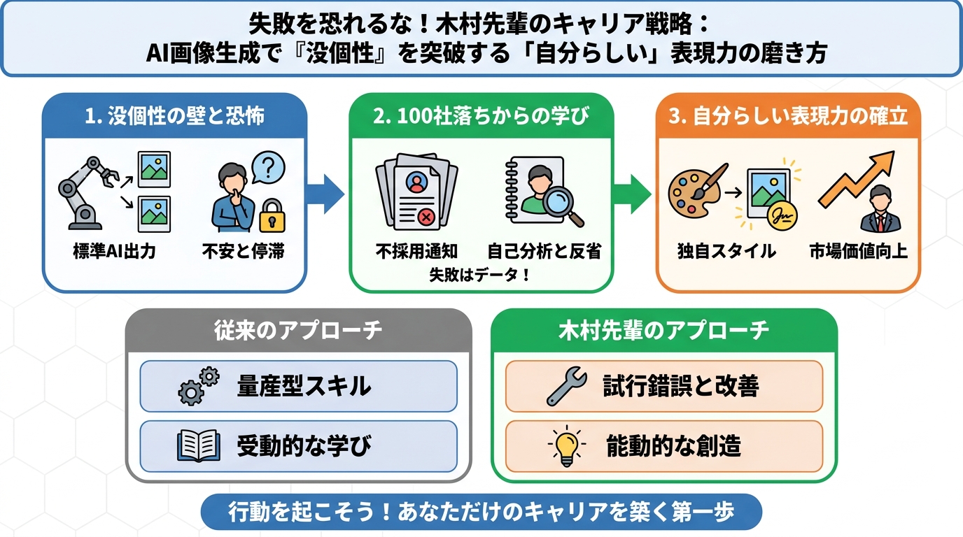 AI画像生成 失敗を恐れるな!木村先輩が100社落ちから見つけた「自分らしい」キャリアの築き方